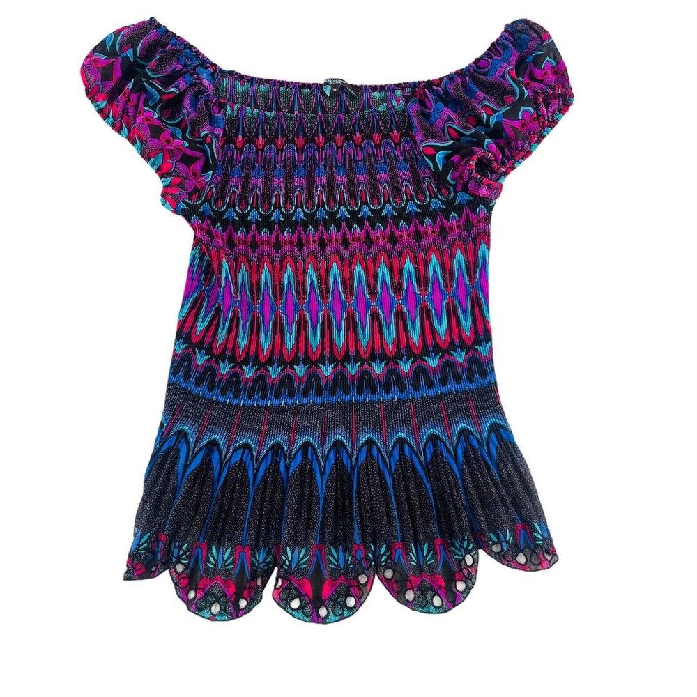 Belissimo New York Blouse size‎ Medium Crepe Stretchy Short Sleeves Colorful